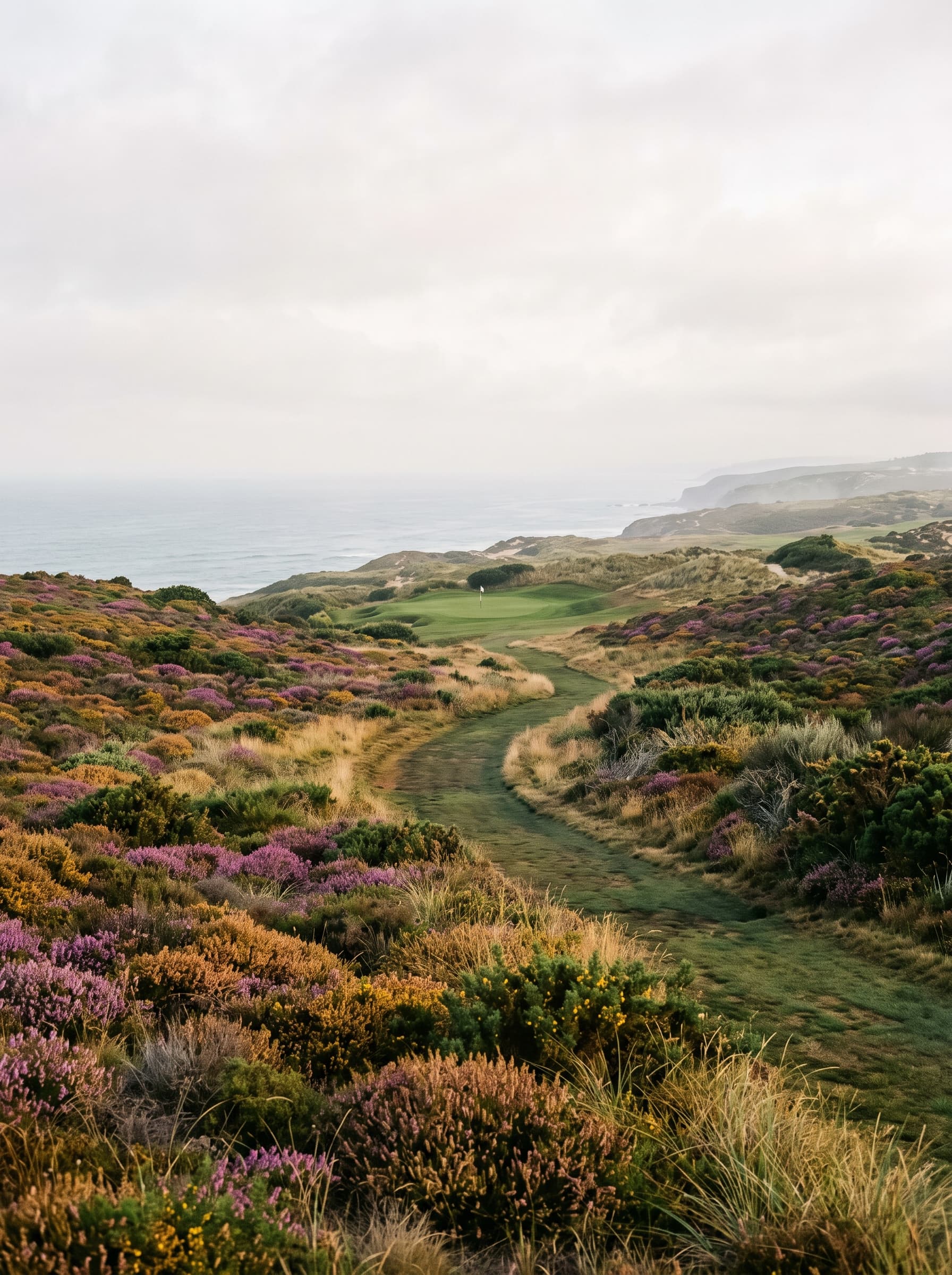 A long fairway through flowering coastal heath rolling toward the ocean