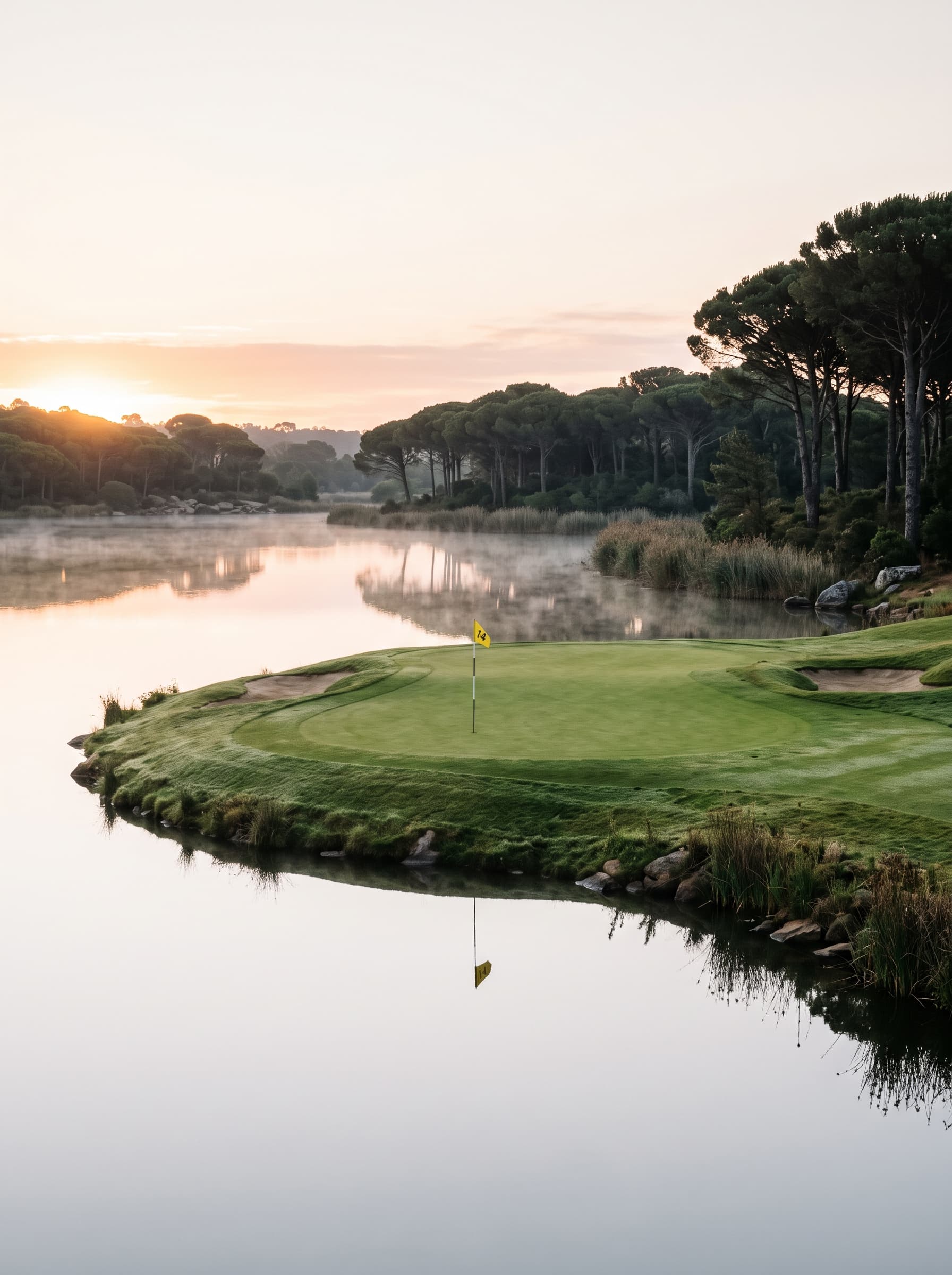 A peninsula green on a still reservoir at dawn, its flag reflected in the water