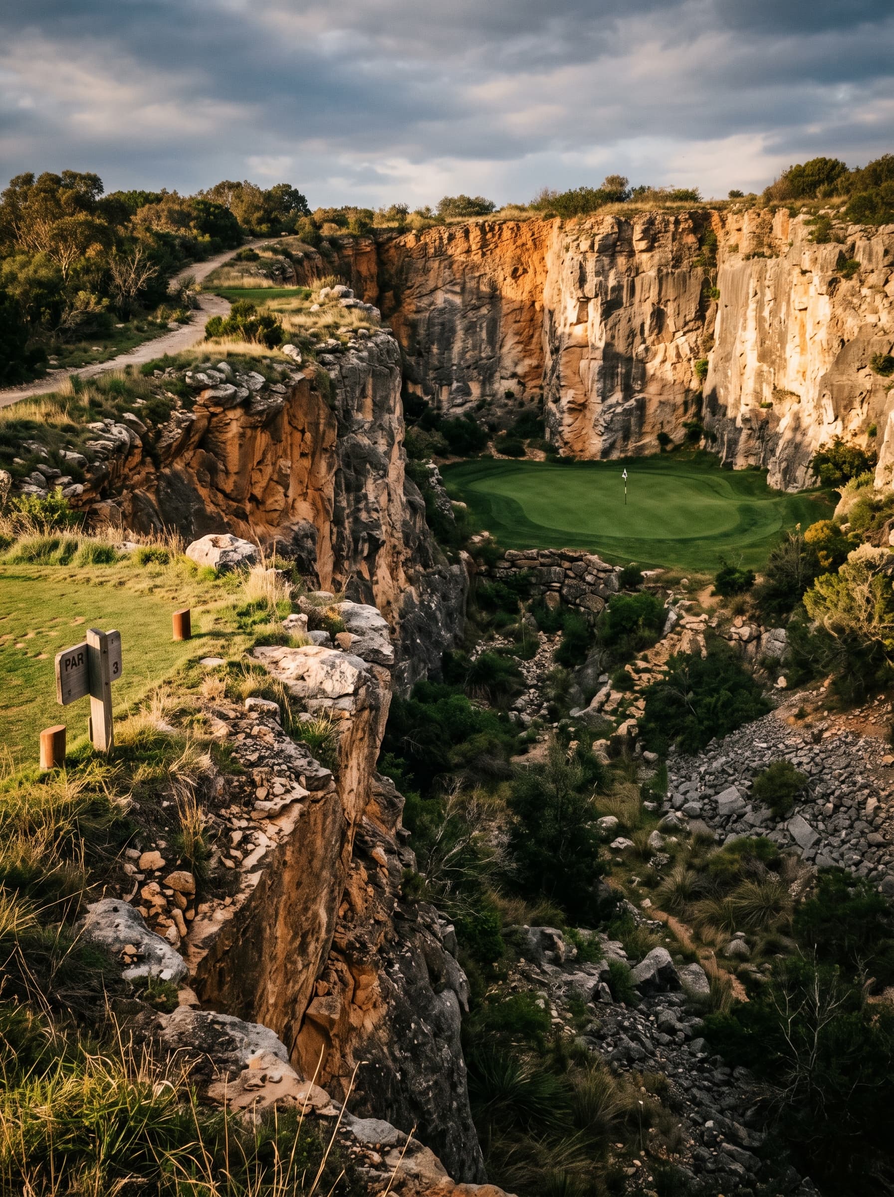 A par three green framed by the cut rock walls of an old stone quarry