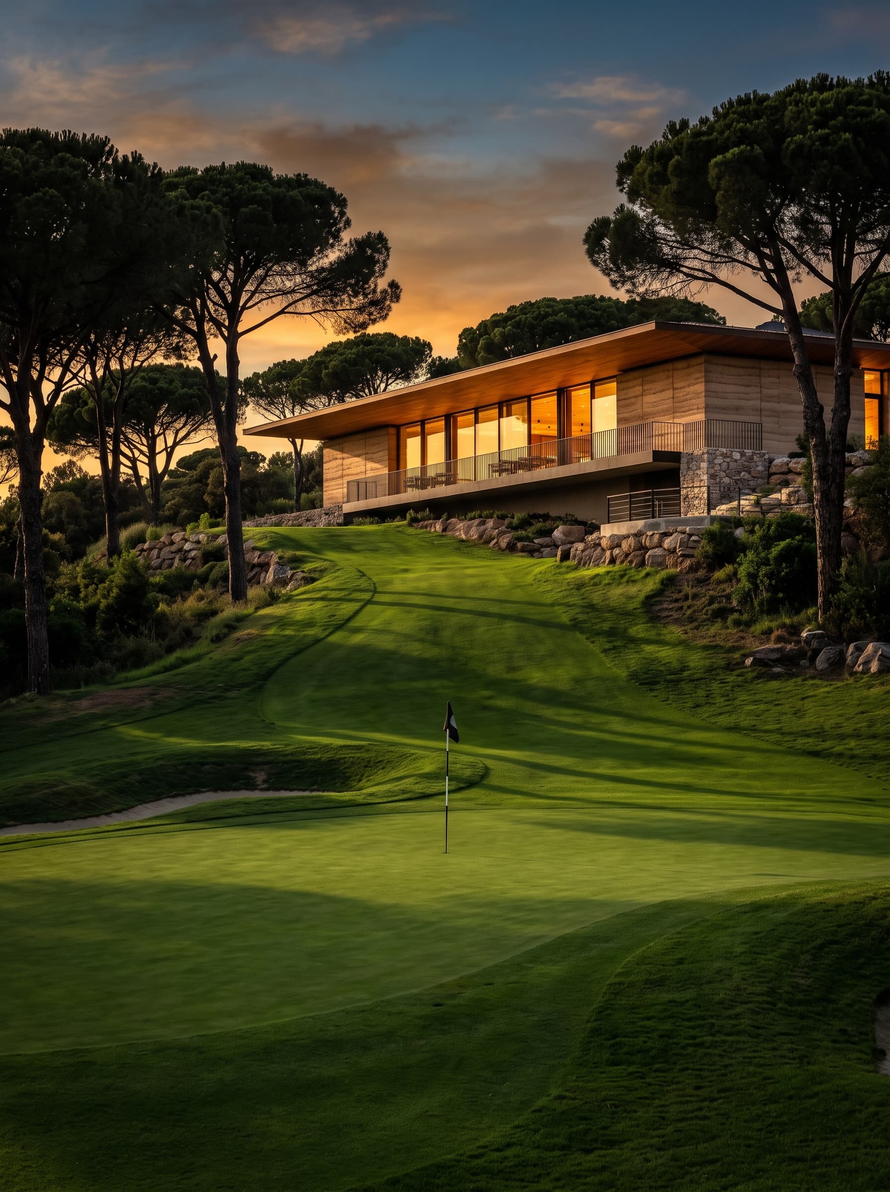 The final green below a low rammed earth clubhouse with a long timber roof, glowing at dusk