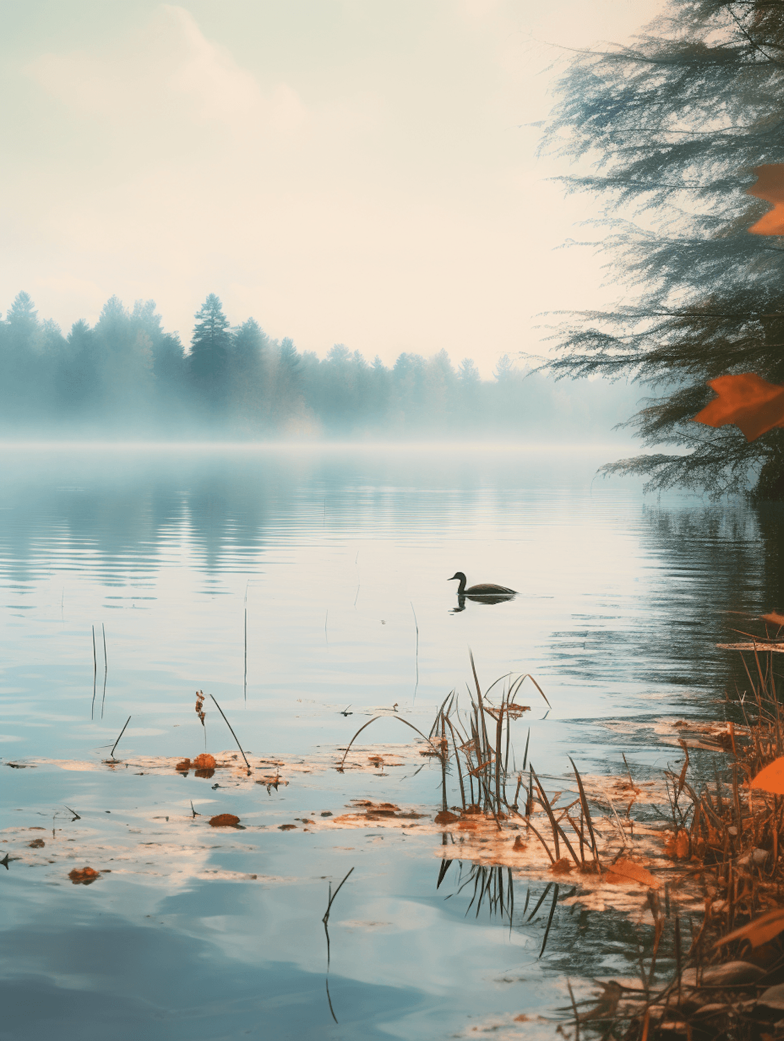 Morning mist over the reservoir with reflected trees