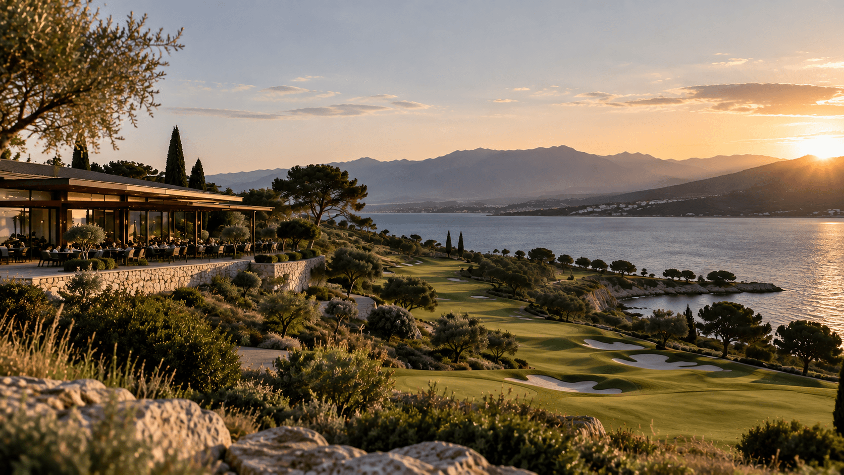 The clubhouse terrace on the cliff edge, with coastal fairways stretching along the sea below