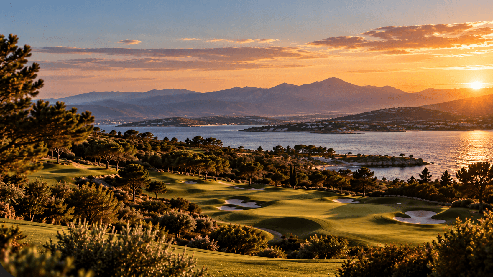 Sculpted greens and white bunkers among umbrella pines, with the bay and mountains glowing at sunset