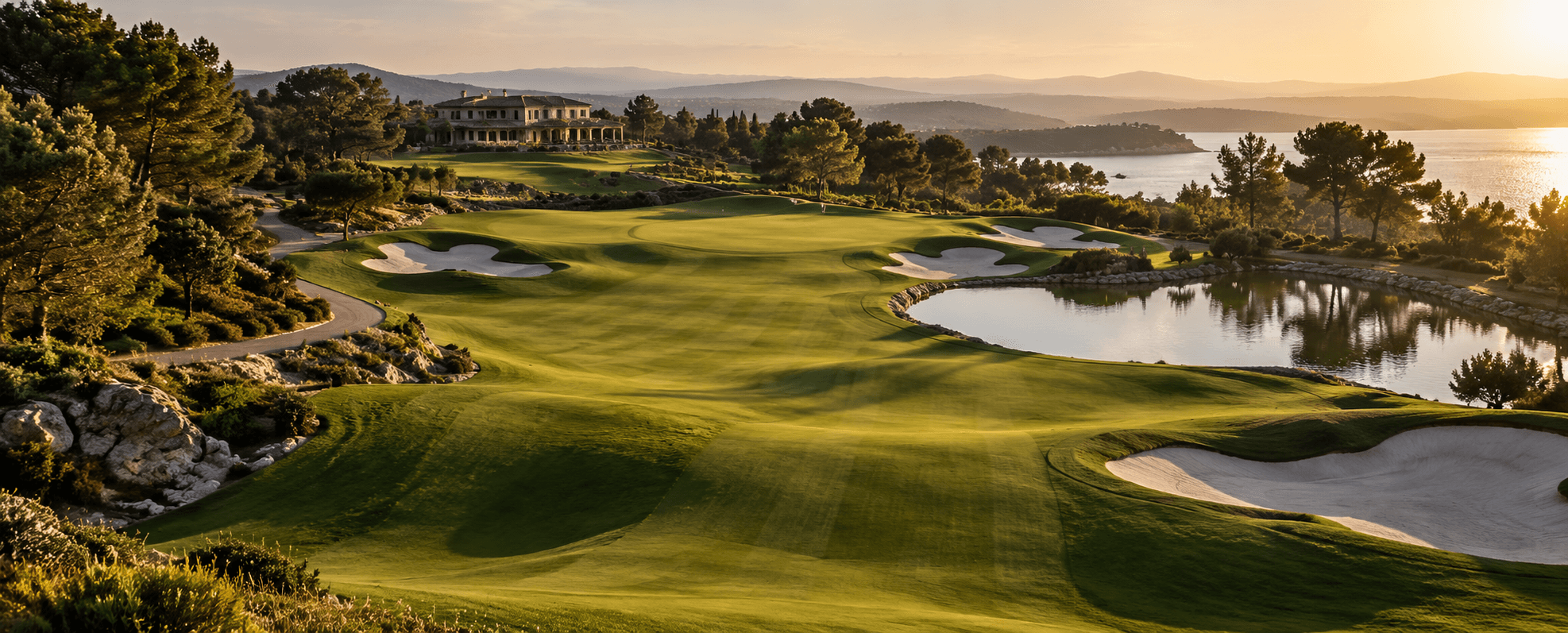A wide fairway framed by bunkers and a still lake, rising toward a villa among the pines