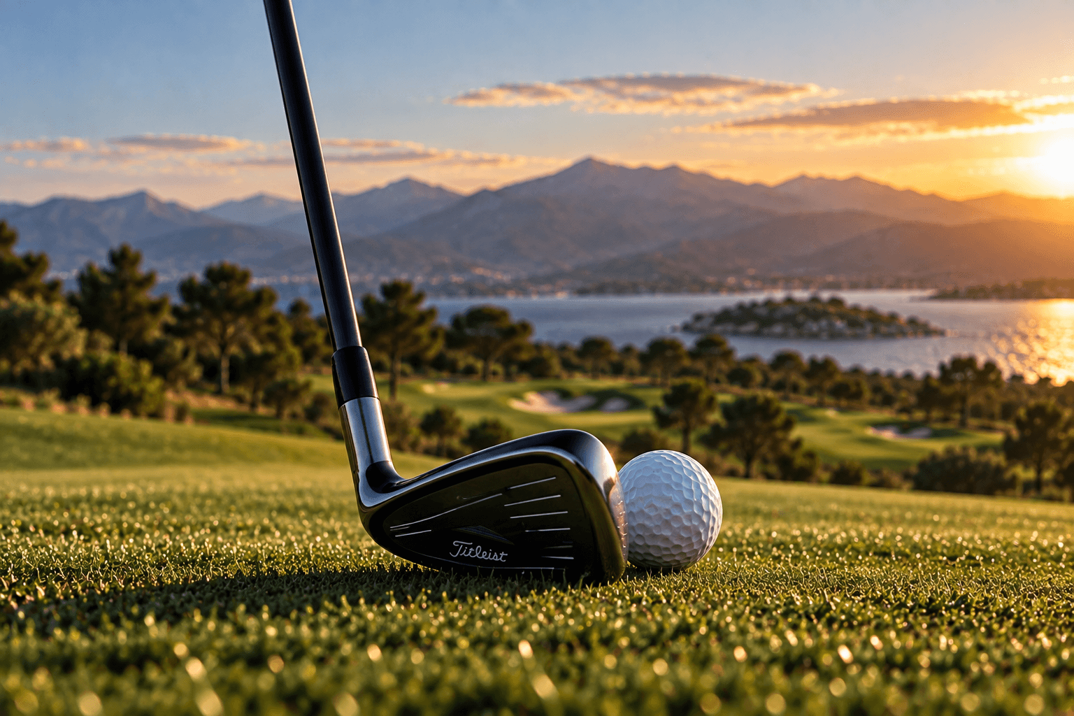An iron resting behind a ball on dewy turf, fairways and the bay softly out of focus