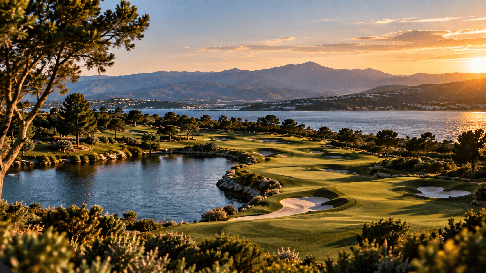 Fairways curving around a lagoon beneath umbrella pines, the bay shining at sunset