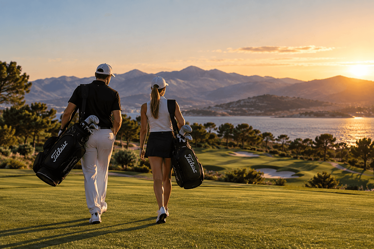 Two golfers carrying their bags down a fairway toward the bay at sunset