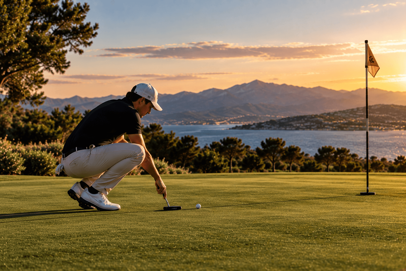 A golfer crouching to read a putt beside the flag, the bay and mountains behind
