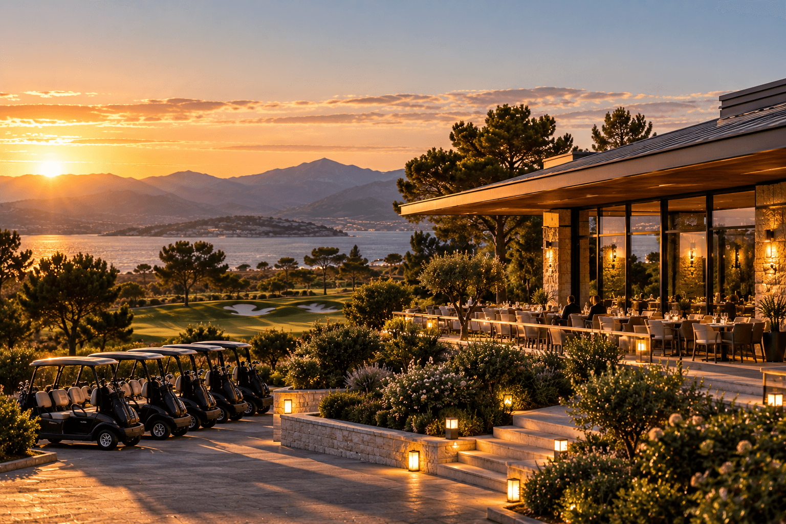 Guests dining on the glass-fronted clubhouse terrace at golden hour, carts lined up below