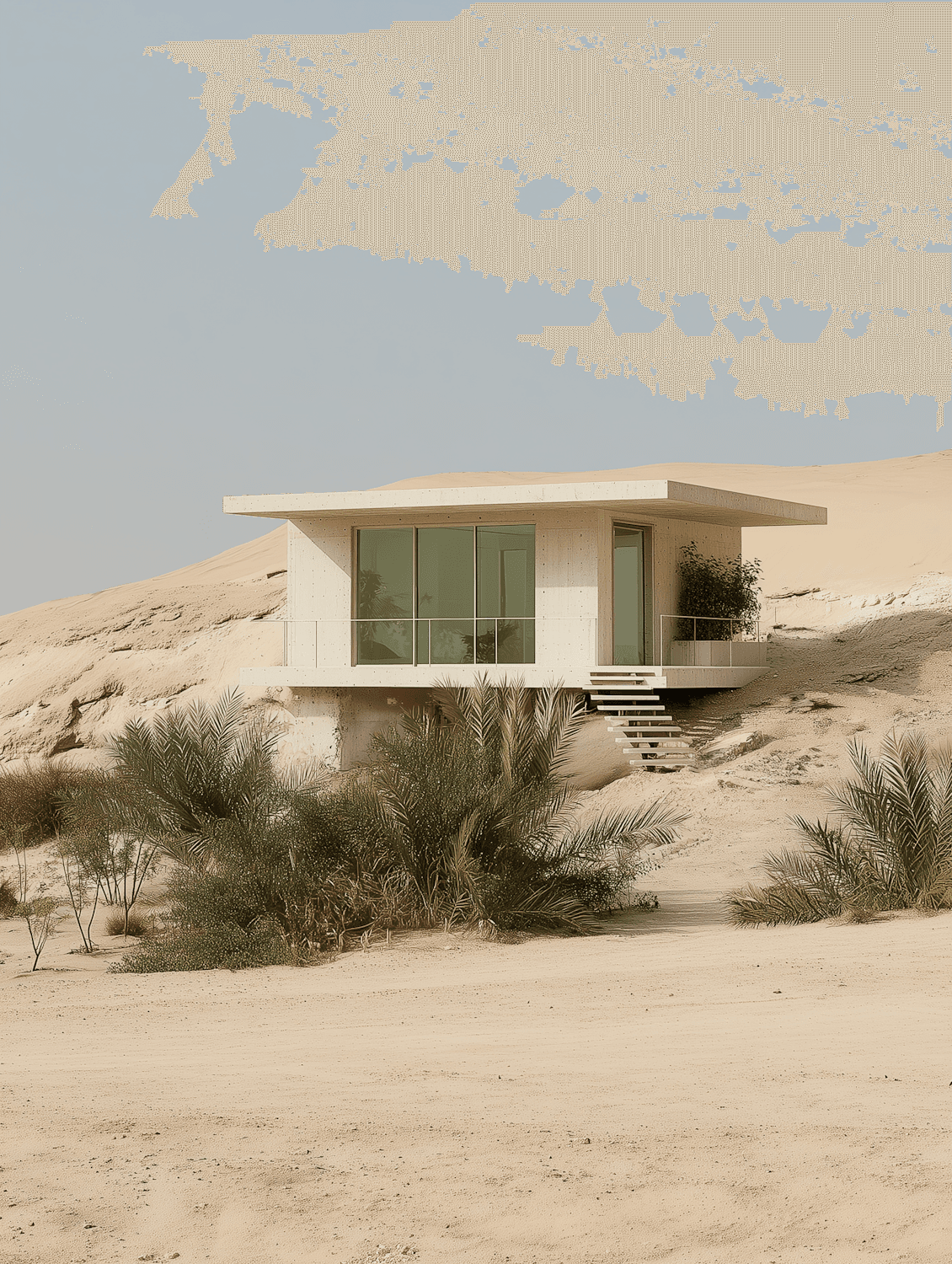 A low stone pavilion with wide windows set into the dunes