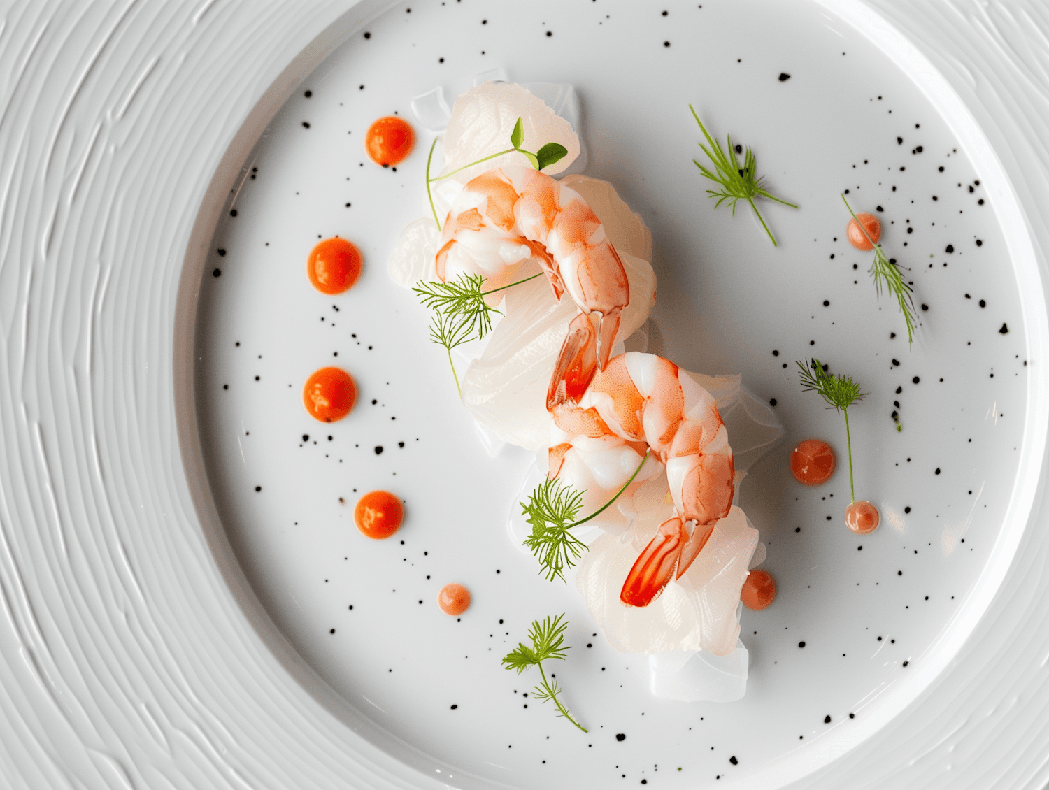 White fish and prawns with an orange sauce and herbs on a textured plate