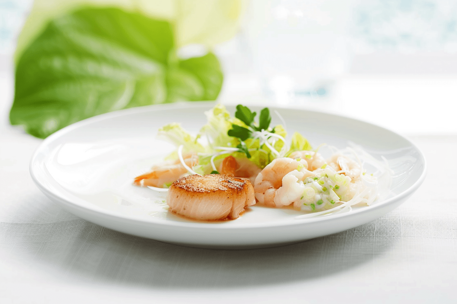 A seared scallop with prawns and fresh leaves on a white plate