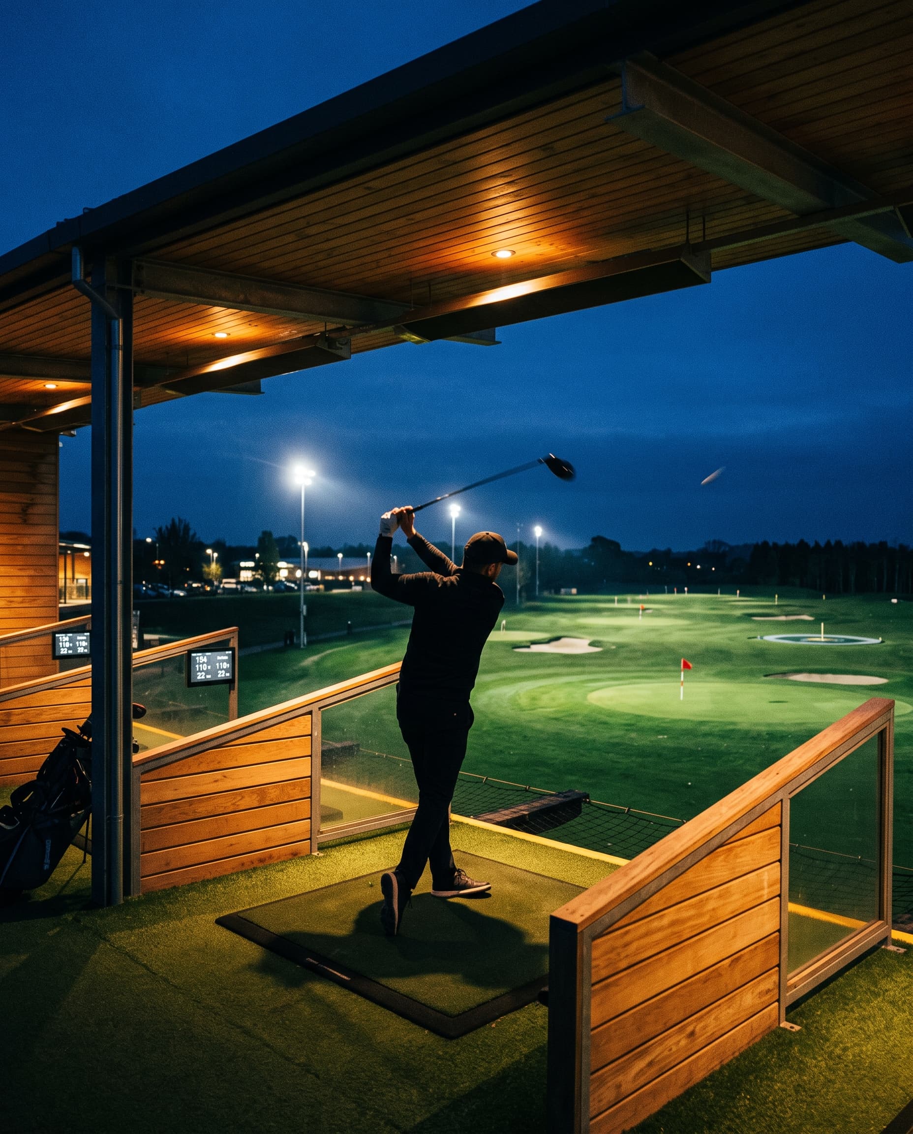 A golfer mid-swing in a covered range bay at dusk, with the floodlit range stretching beyond