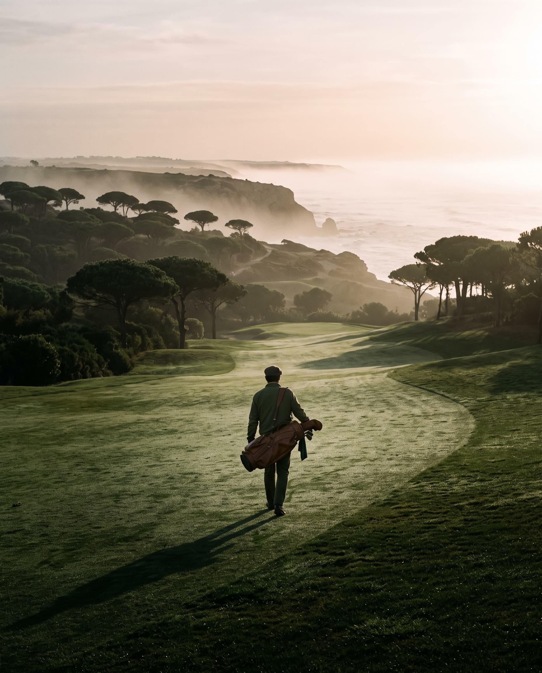 A lone golfer carrying a bag along a dewy fairway at first light, with sea mist and pines beyond