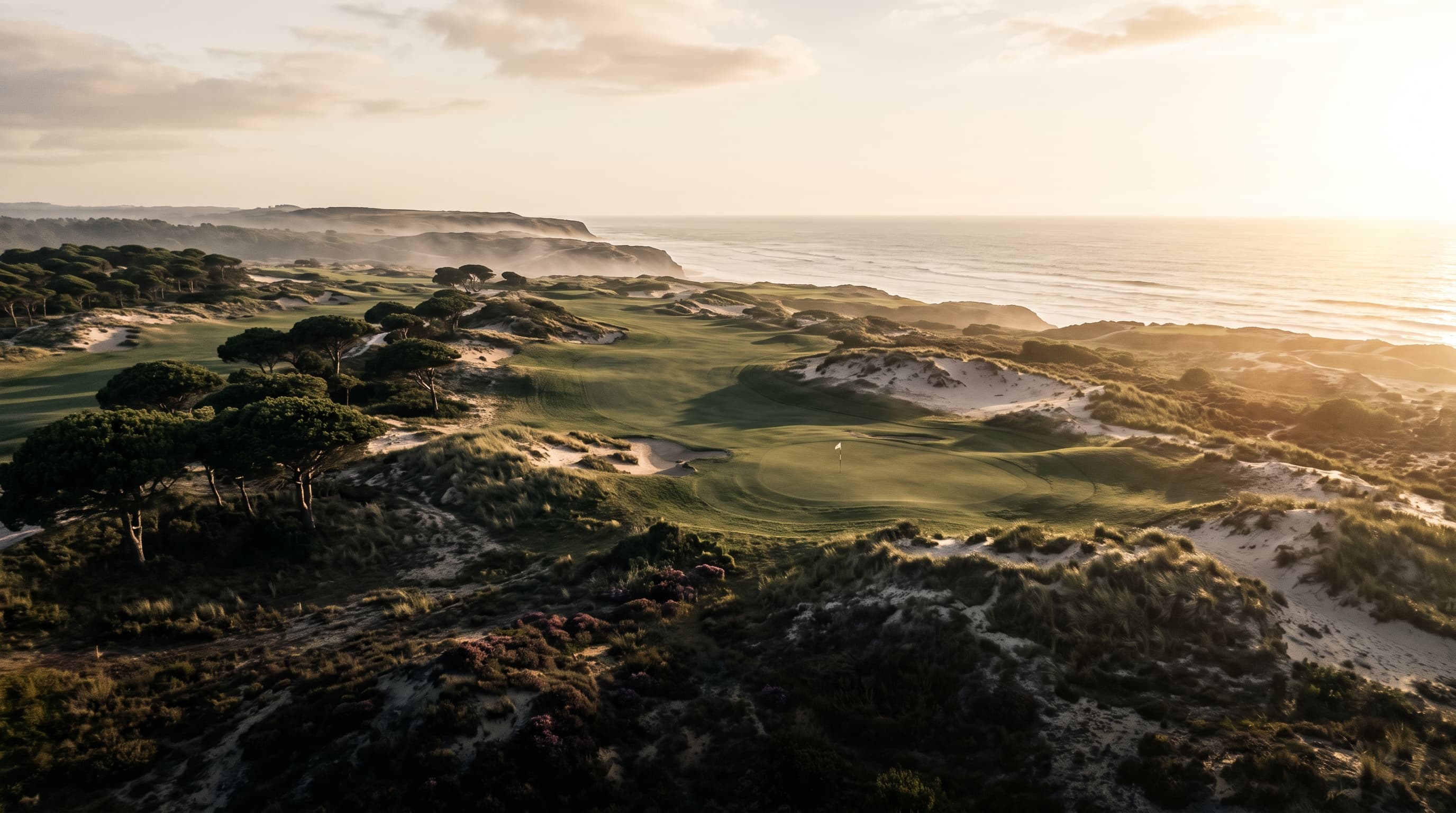 A coastal golf course at golden hour, its fairway curving through dunes and umbrella pines toward the ocean