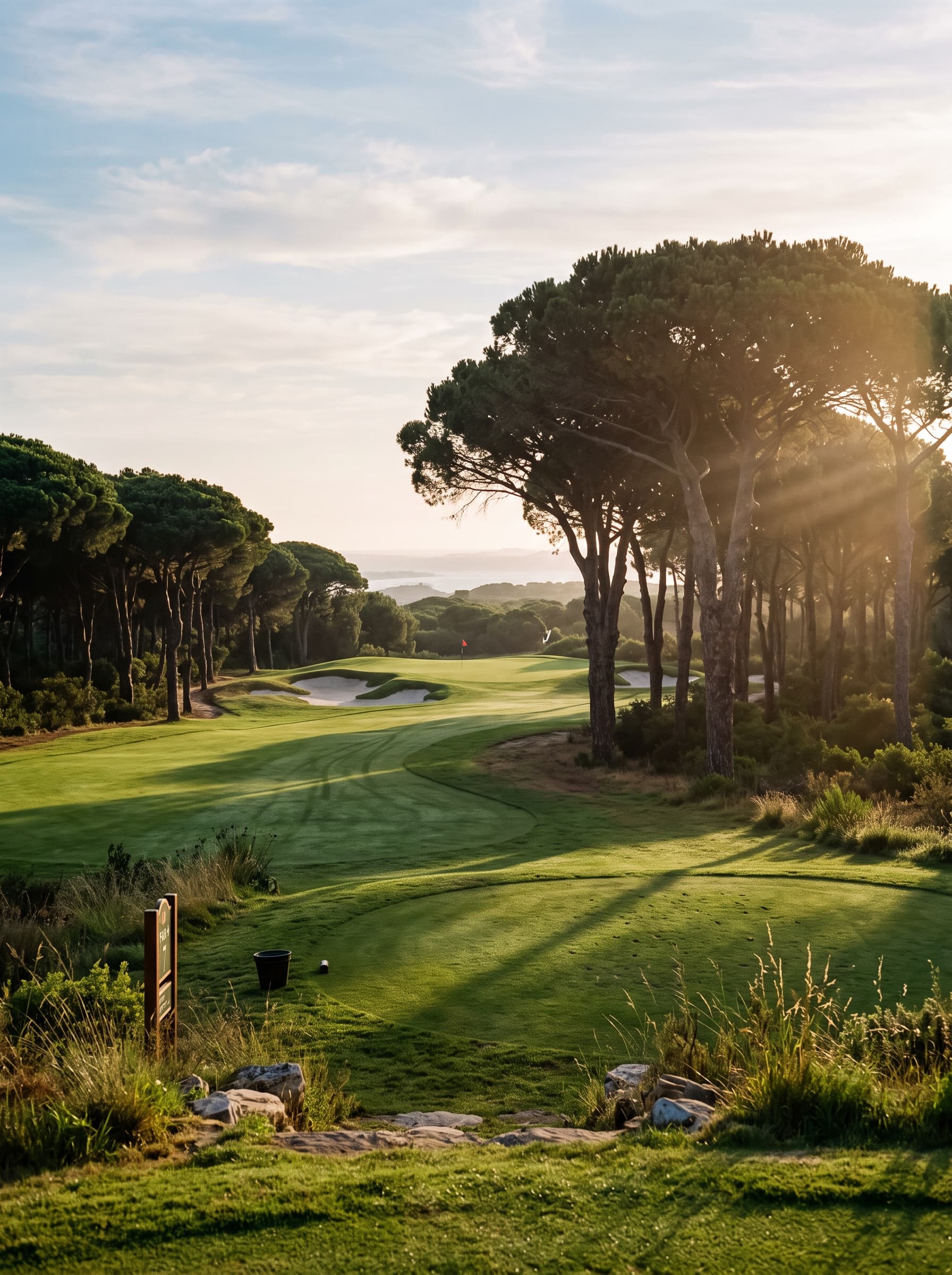 A fairway bending left around a grove of ancient umbrella pines in early morning light