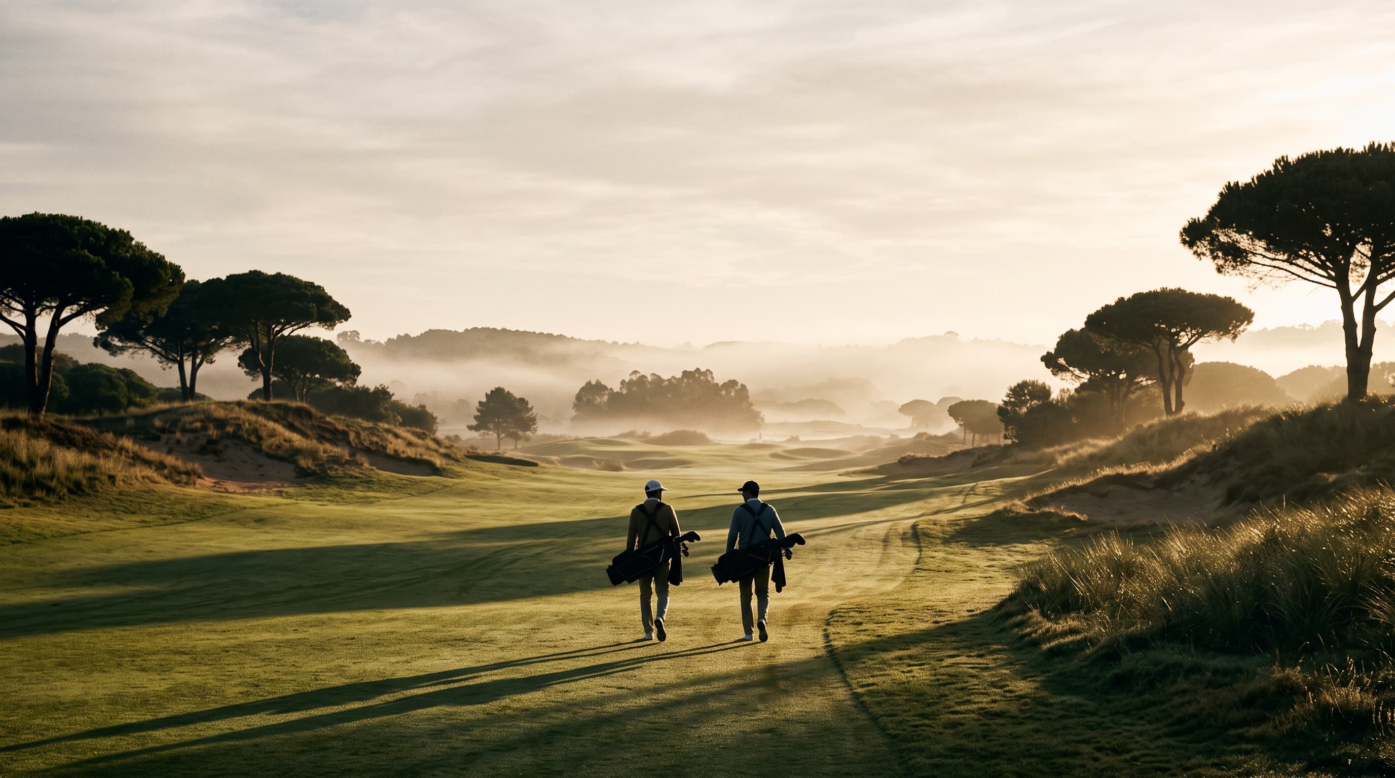 Two golfers walking side by side down a wide fairway at sunrise