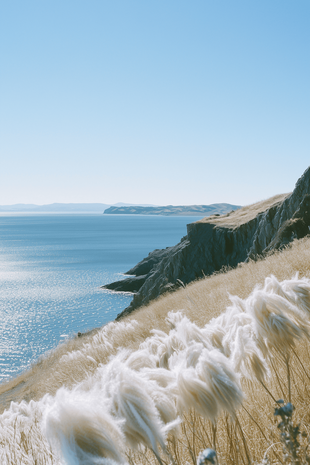 Pale grasses on the clifftop above a calm blue ocean