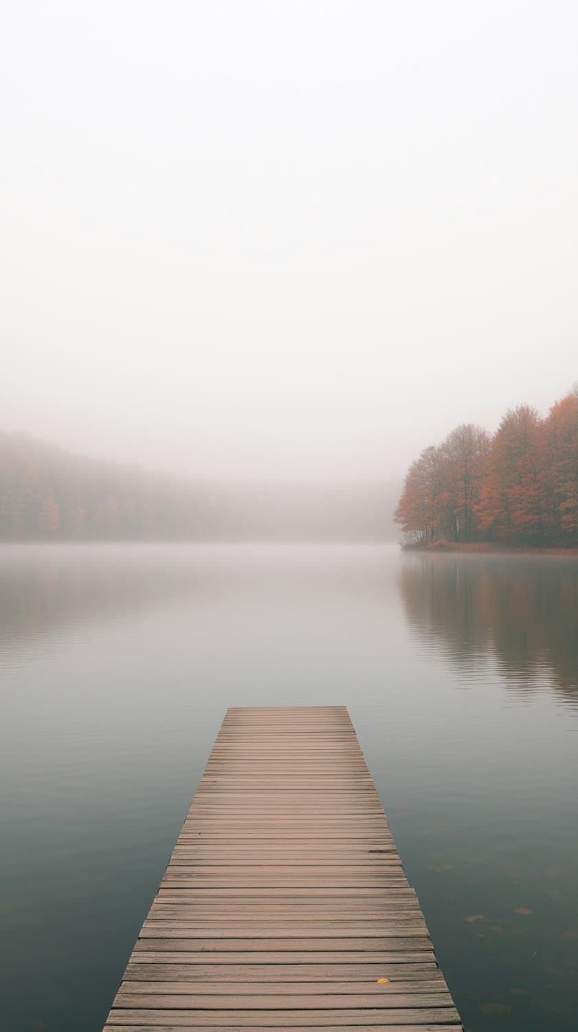A timber jetty reaching into the still, misty reservoir